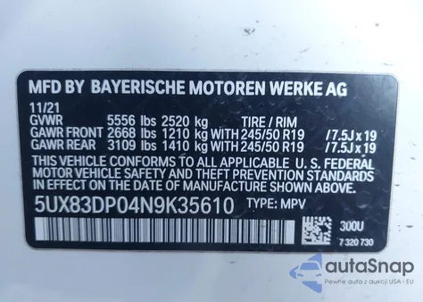 2022 BMW X3 M40I z USA, uszkodzony, nr VIN 5UX83DP04N9K35610